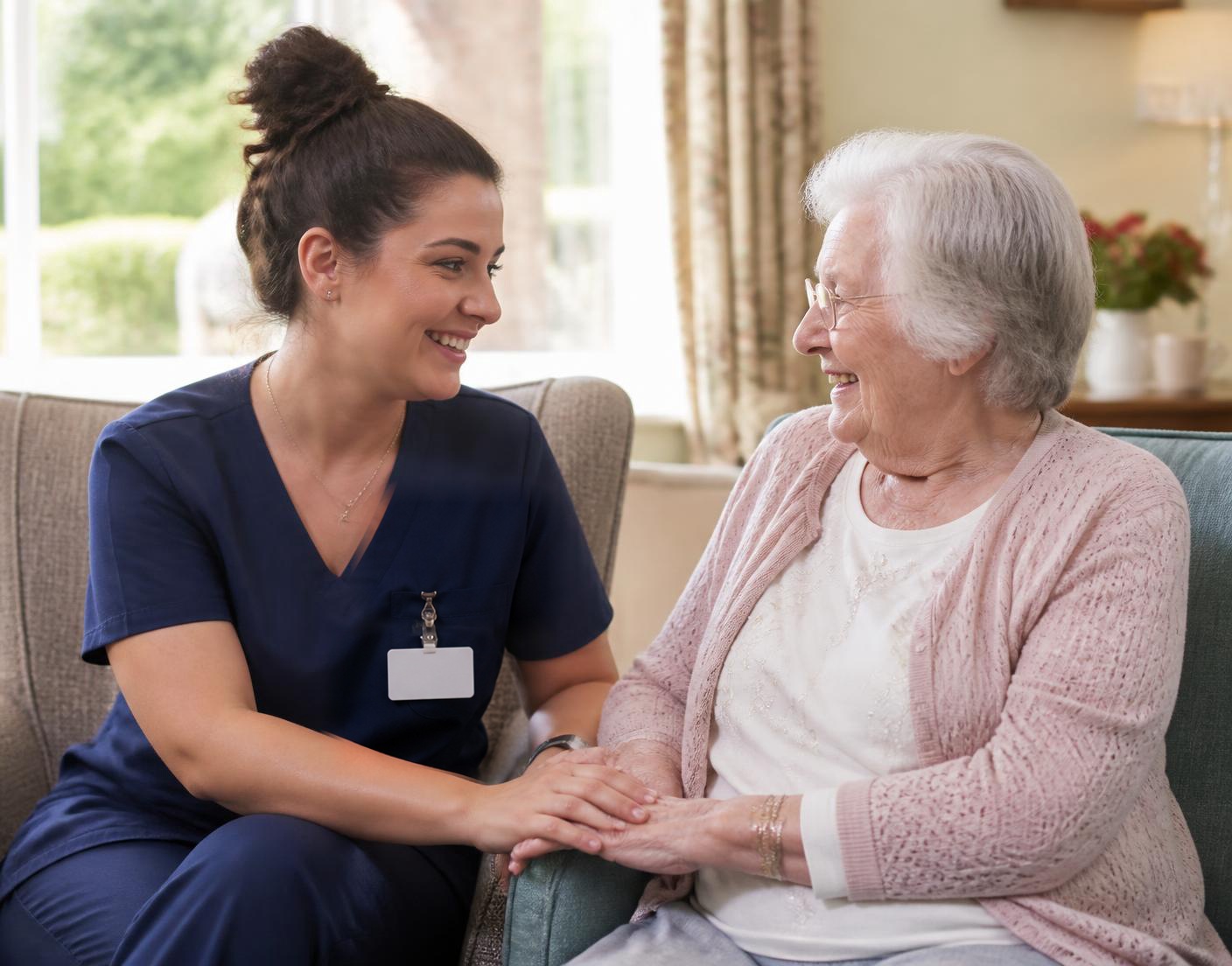 Care workers having a warm conversation in an established care setting
